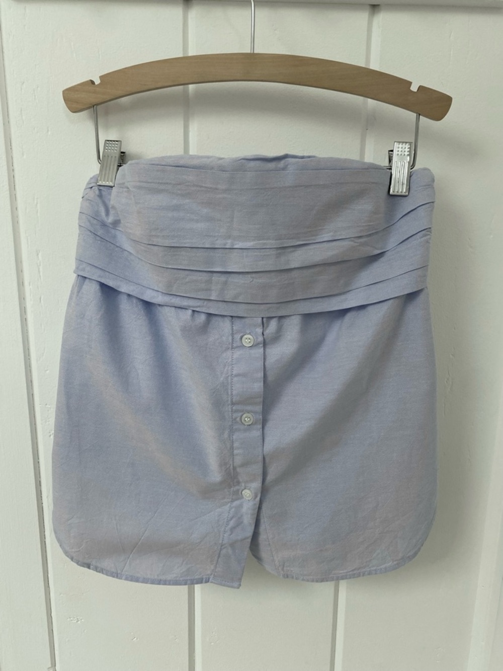 Zara Blue Chambray Strapless Top with Button Front